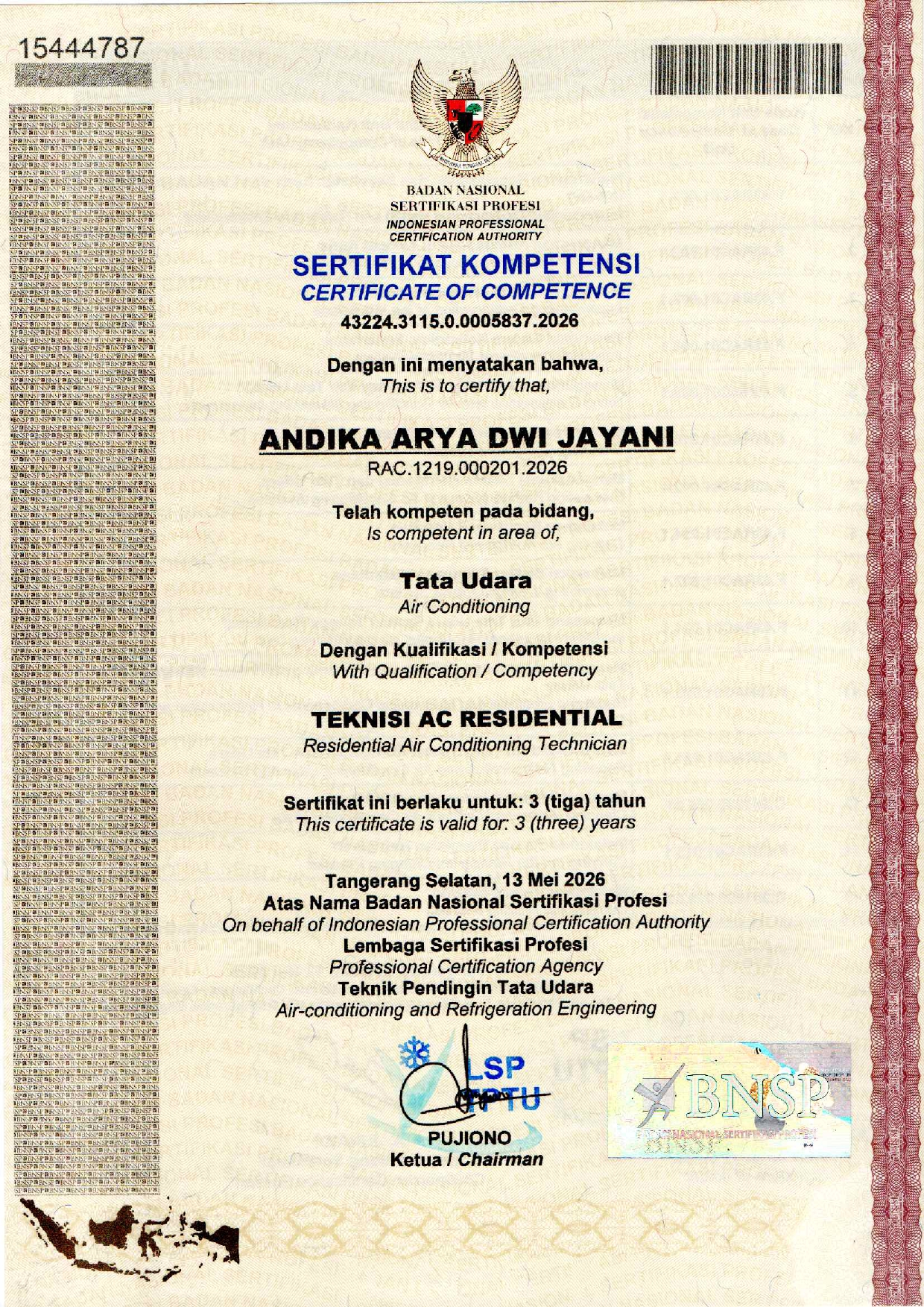 Sertifikat Kompetensi BNSP Teknisi AC Residential Dika Prima Solutions Tanah Bumbu